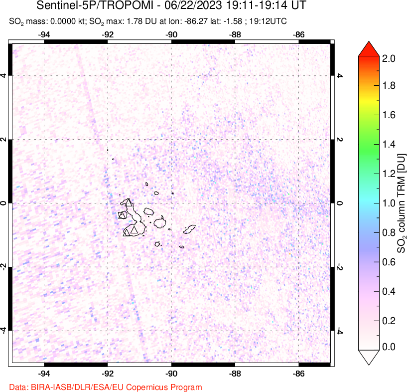 A sulfur dioxide image over Galápagos Islands on Jun 22, 2023.