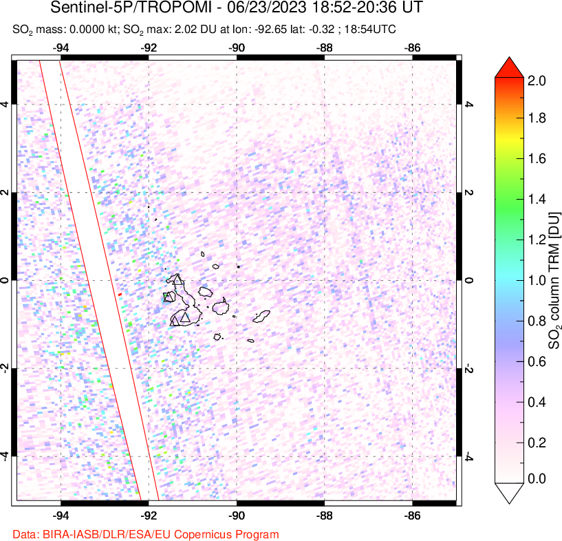 A sulfur dioxide image over Galápagos Islands on Jun 23, 2023.
