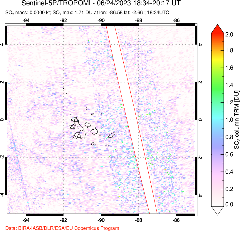 A sulfur dioxide image over Galápagos Islands on Jun 24, 2023.