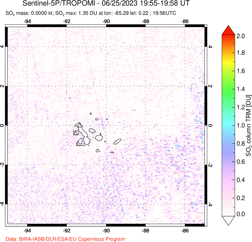 A sulfur dioxide image over Galápagos Islands on Jun 25, 2023.