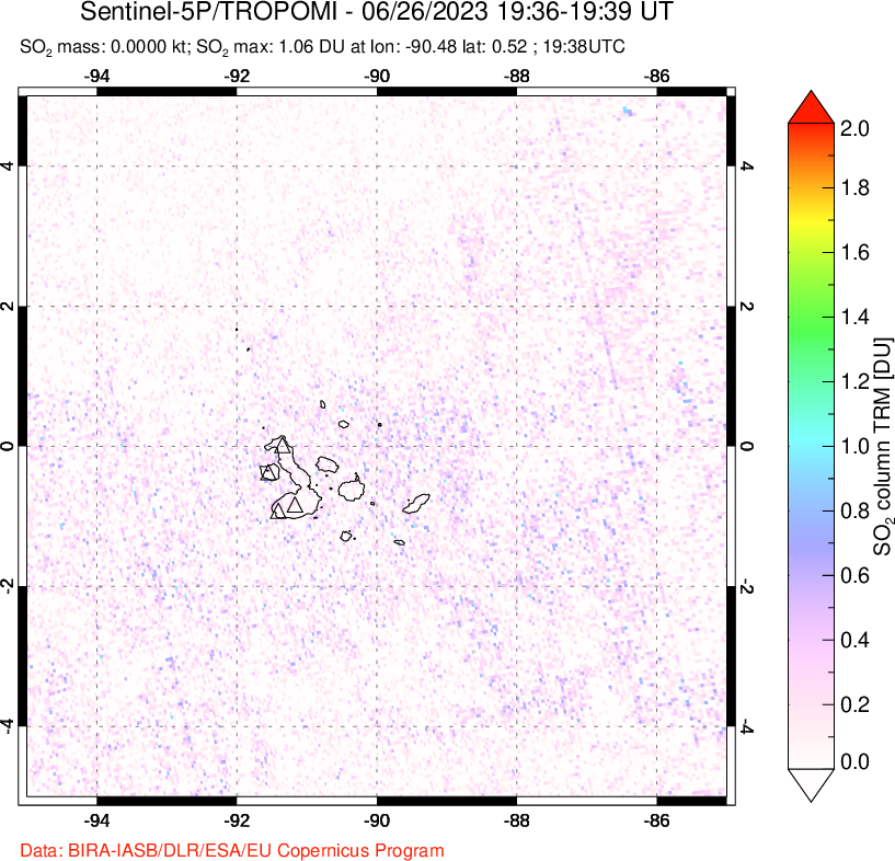 A sulfur dioxide image over Galápagos Islands on Jun 26, 2023.