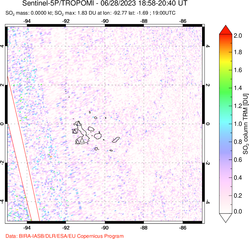 A sulfur dioxide image over Galápagos Islands on Jun 28, 2023.