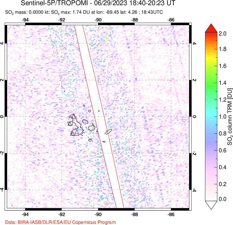 A sulfur dioxide image over Galápagos Islands on Jun 29, 2023.