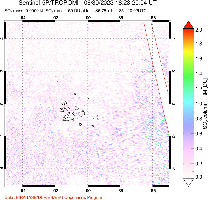 A sulfur dioxide image over Galápagos Islands on Jun 30, 2023.