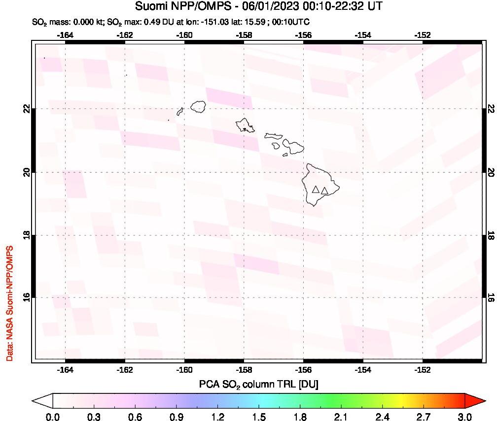 A sulfur dioxide image over Hawaii, USA on Jun 01, 2023.