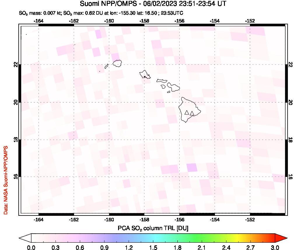 A sulfur dioxide image over Hawaii, USA on Jun 02, 2023.