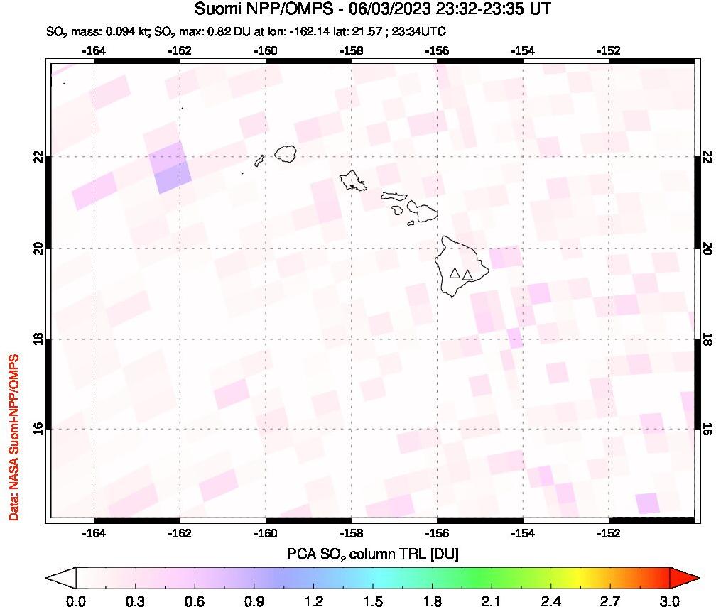 A sulfur dioxide image over Hawaii, USA on Jun 03, 2023.
