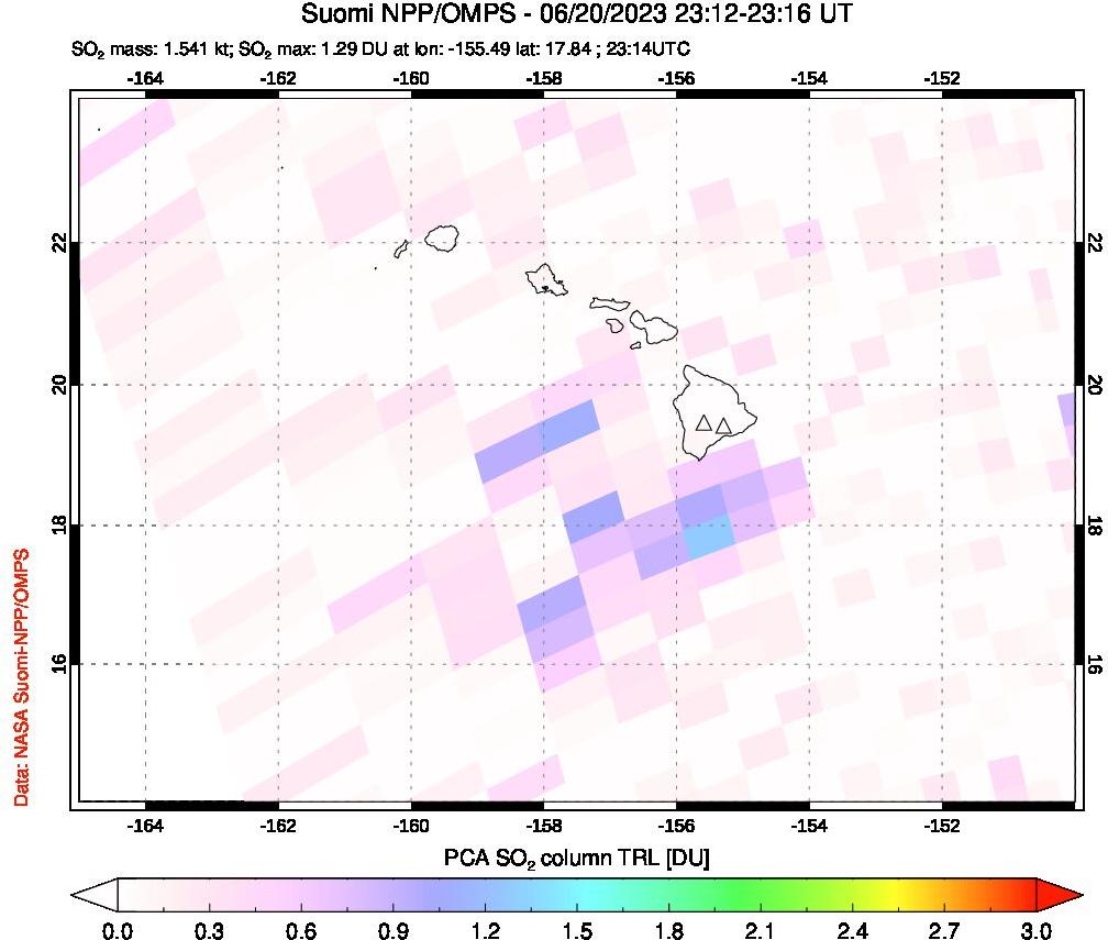 A sulfur dioxide image over Hawaii, USA on Jun 20, 2023.