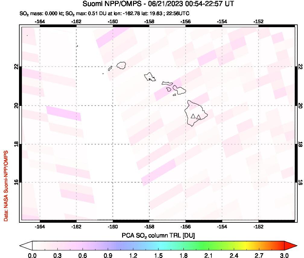A sulfur dioxide image over Hawaii, USA on Jun 21, 2023.