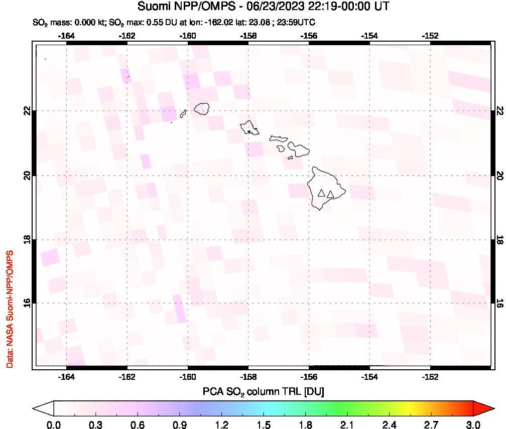A sulfur dioxide image over Hawaii, USA on Jun 23, 2023.