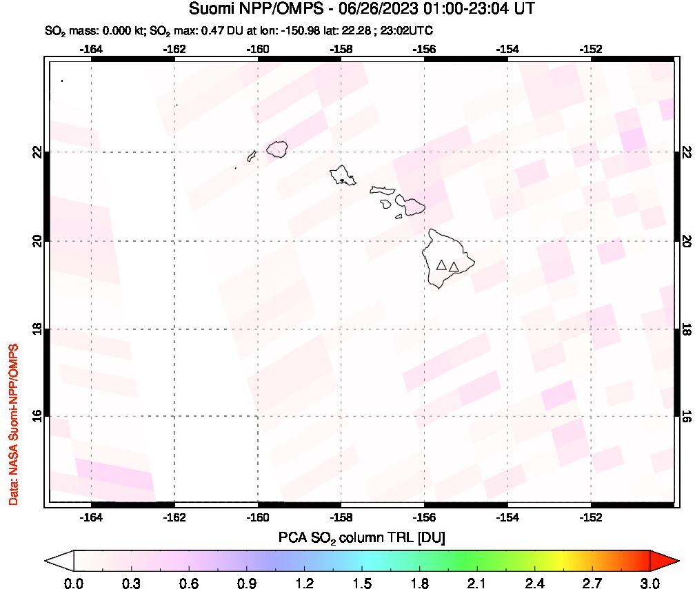 A sulfur dioxide image over Hawaii, USA on Jun 26, 2023.