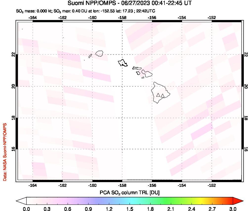 A sulfur dioxide image over Hawaii, USA on Jun 27, 2023.