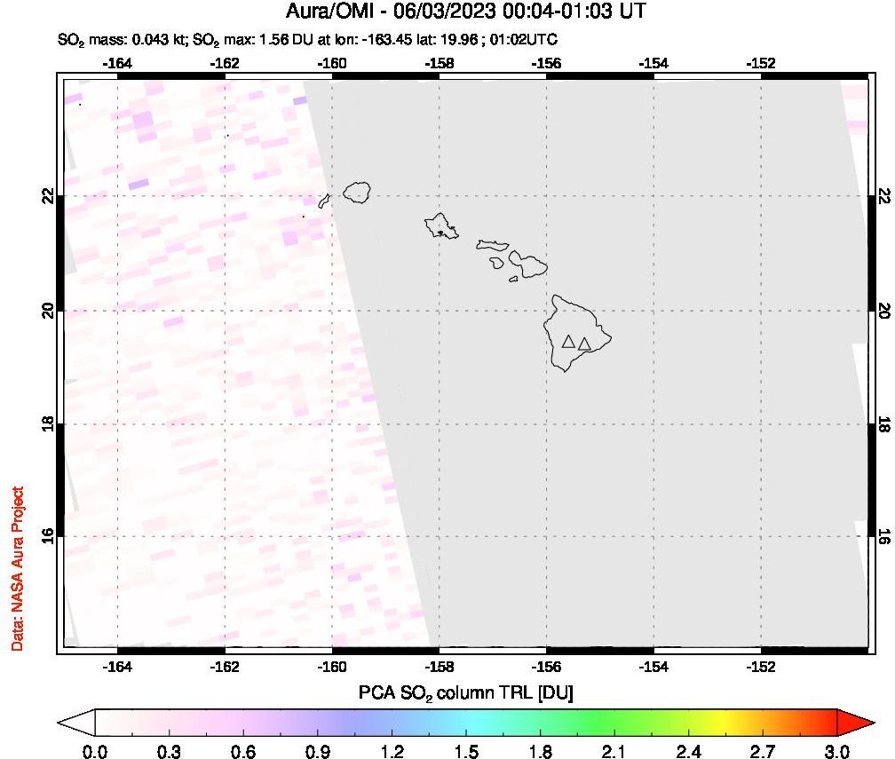 A sulfur dioxide image over Hawaii, USA on Jun 03, 2023.