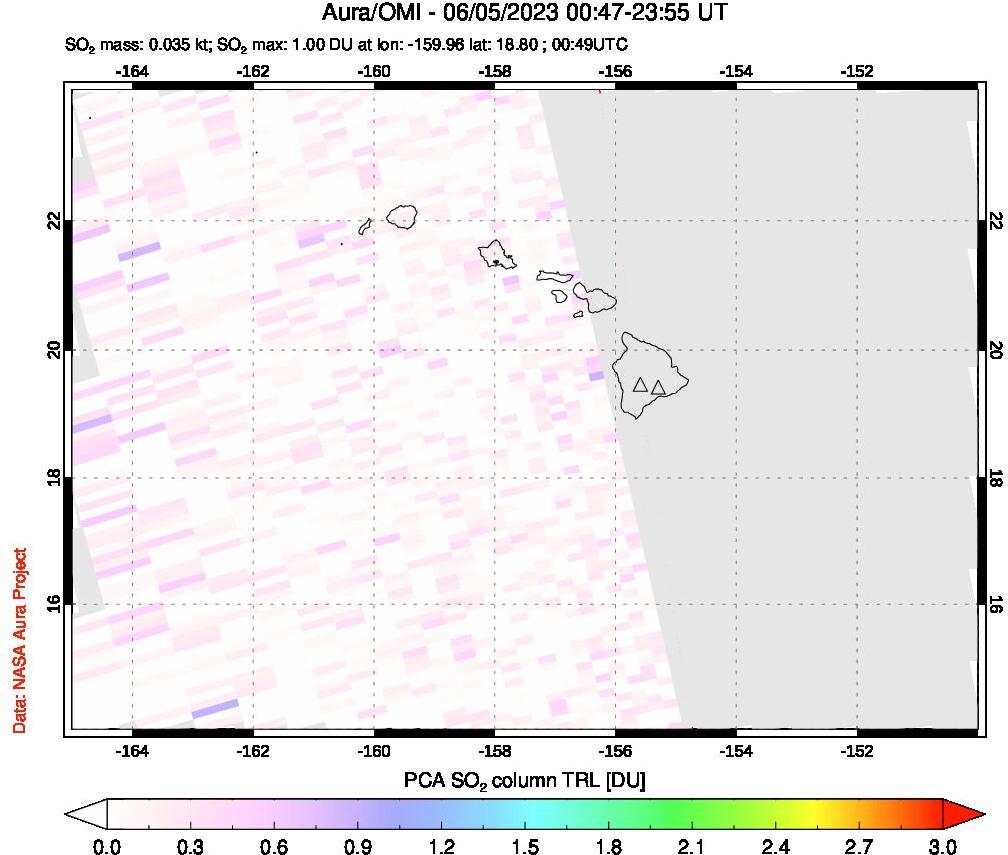 A sulfur dioxide image over Hawaii, USA on Jun 05, 2023.