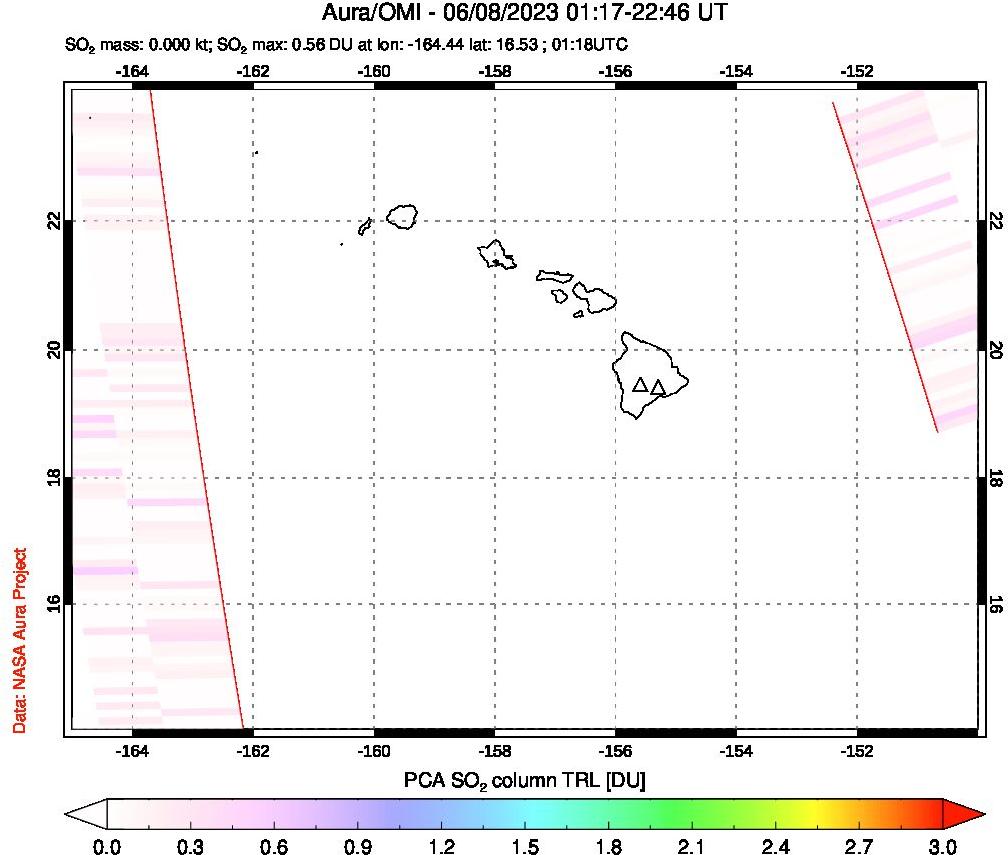 A sulfur dioxide image over Hawaii, USA on Jun 08, 2023.