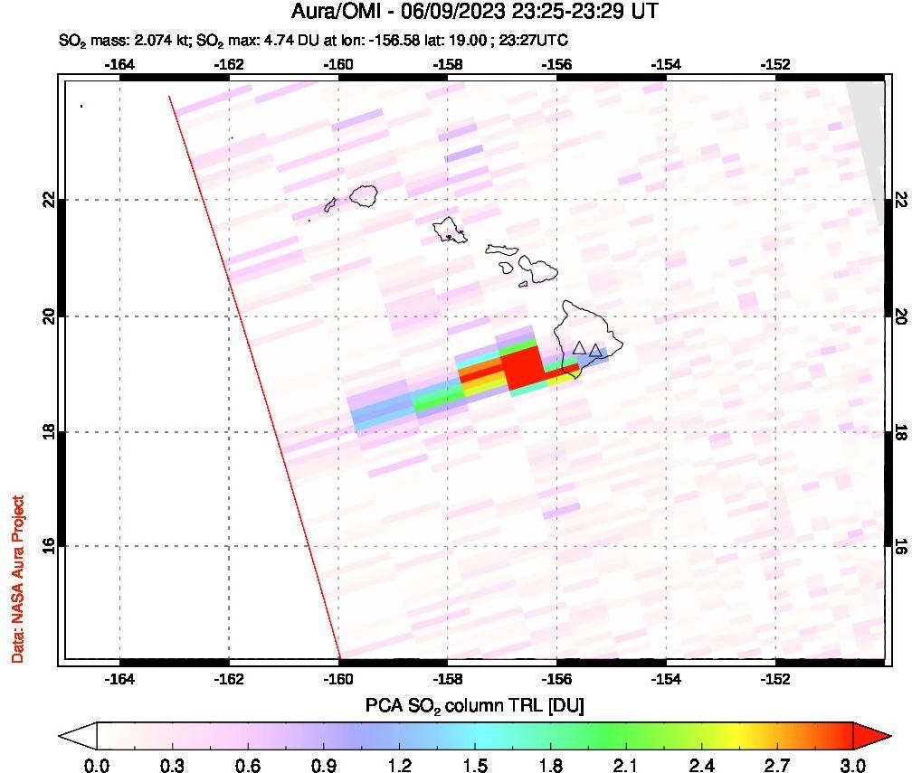 A sulfur dioxide image over Hawaii, USA on Jun 09, 2023.