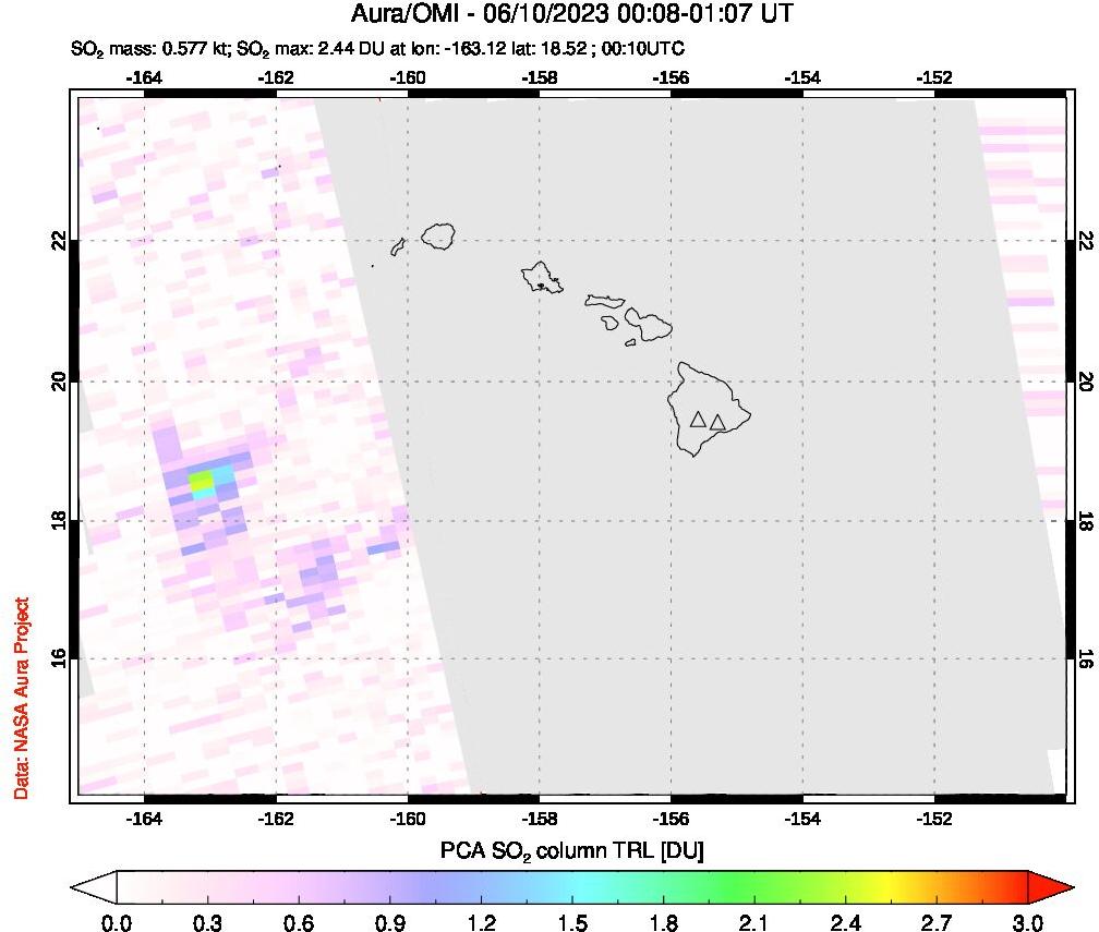 A sulfur dioxide image over Hawaii, USA on Jun 10, 2023.