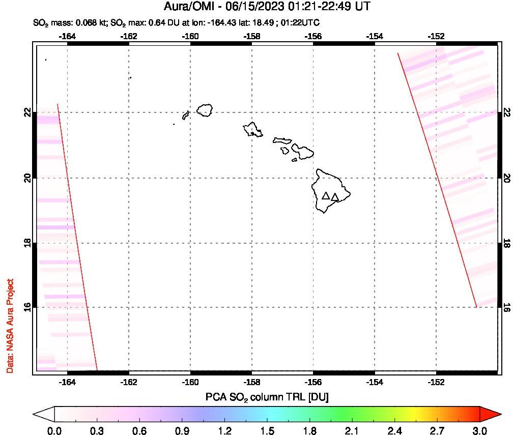 A sulfur dioxide image over Hawaii, USA on Jun 15, 2023.