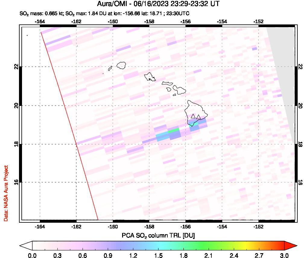 A sulfur dioxide image over Hawaii, USA on Jun 16, 2023.