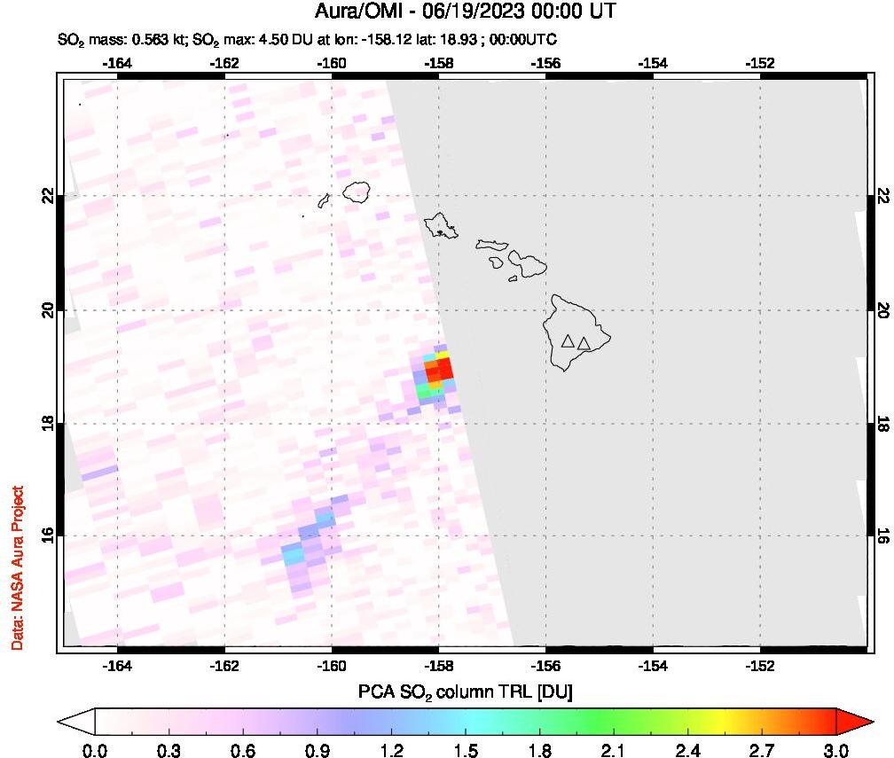 A sulfur dioxide image over Hawaii, USA on Jun 19, 2023.
