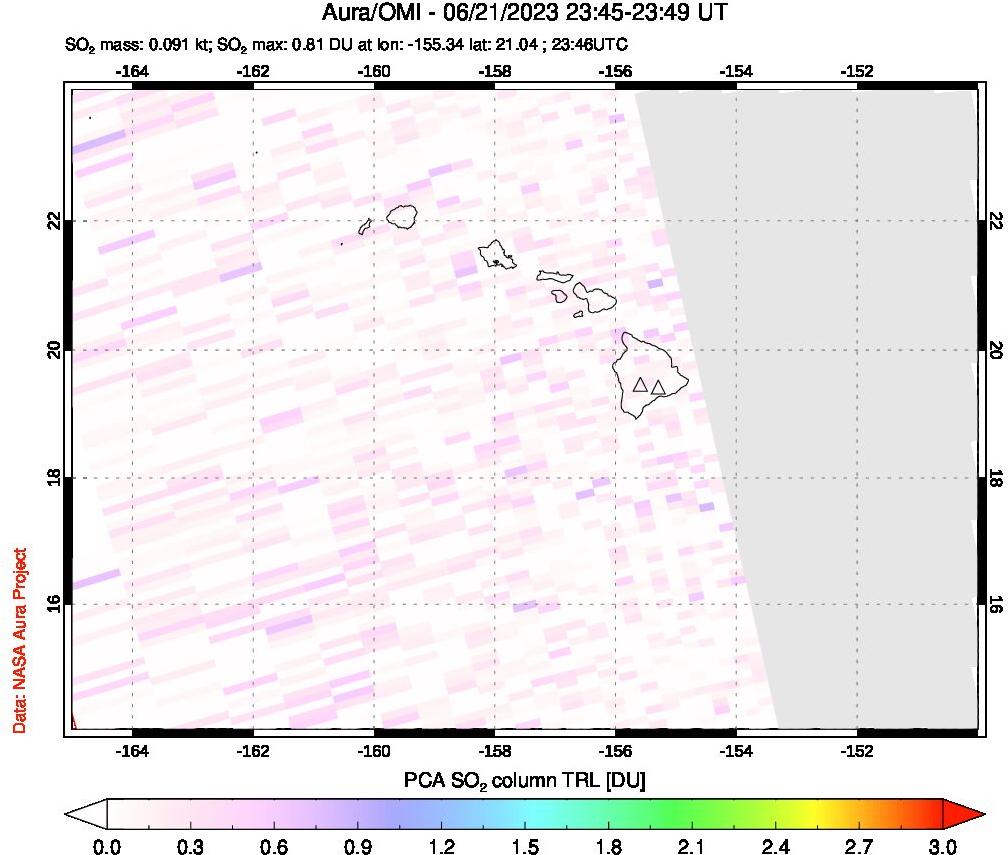 A sulfur dioxide image over Hawaii, USA on Jun 21, 2023.