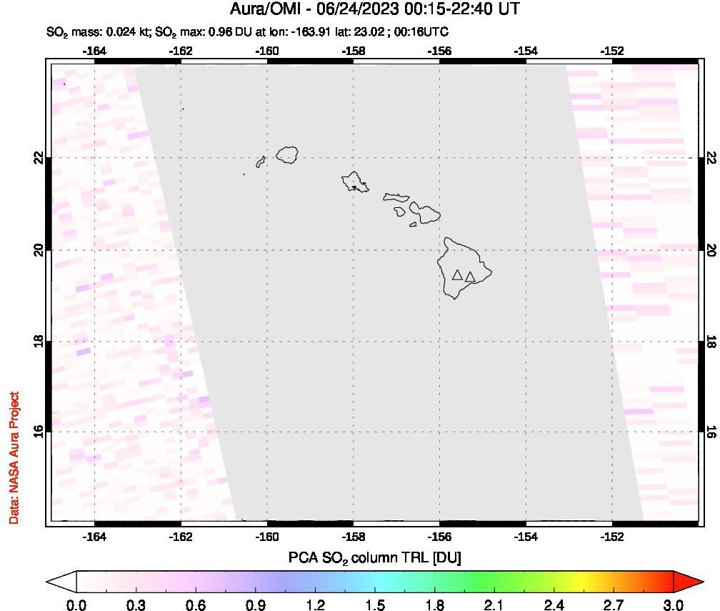 A sulfur dioxide image over Hawaii, USA on Jun 24, 2023.