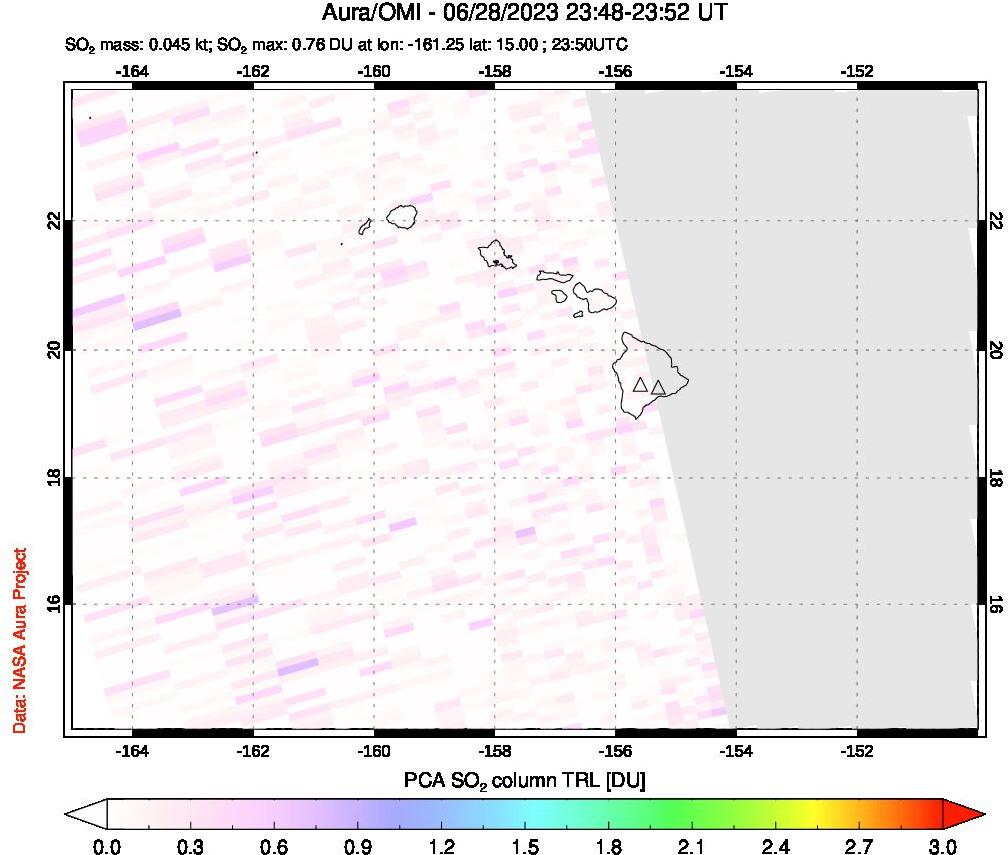 A sulfur dioxide image over Hawaii, USA on Jun 28, 2023.