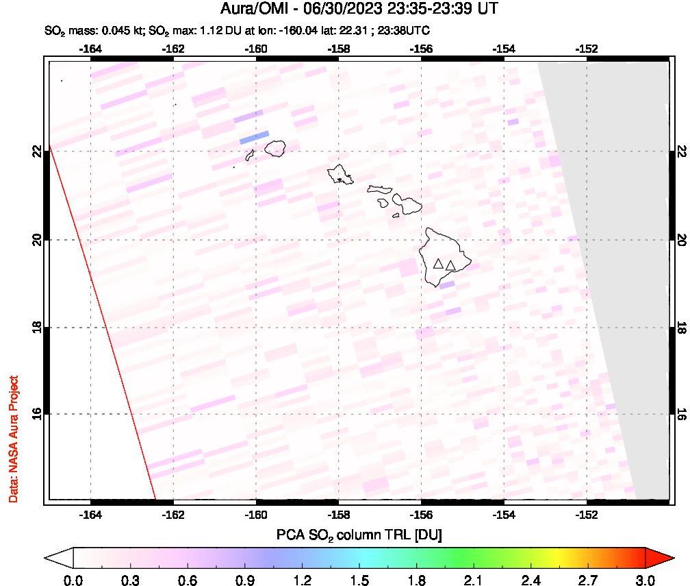 A sulfur dioxide image over Hawaii, USA on Jun 30, 2023.