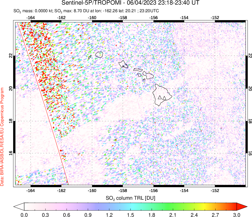 A sulfur dioxide image over Hawaii, USA on Jun 04, 2023.