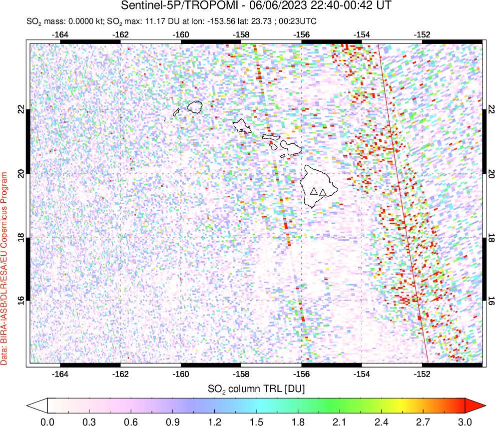 A sulfur dioxide image over Hawaii, USA on Jun 06, 2023.