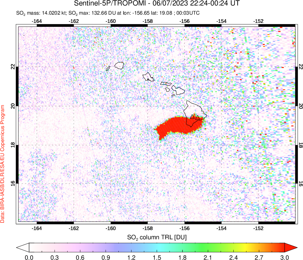 A sulfur dioxide image over Hawaii, USA on Jun 07, 2023.