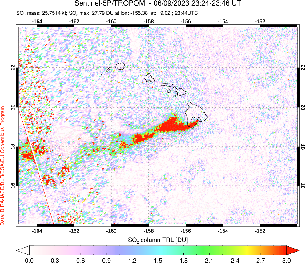 A sulfur dioxide image over Hawaii, USA on Jun 09, 2023.