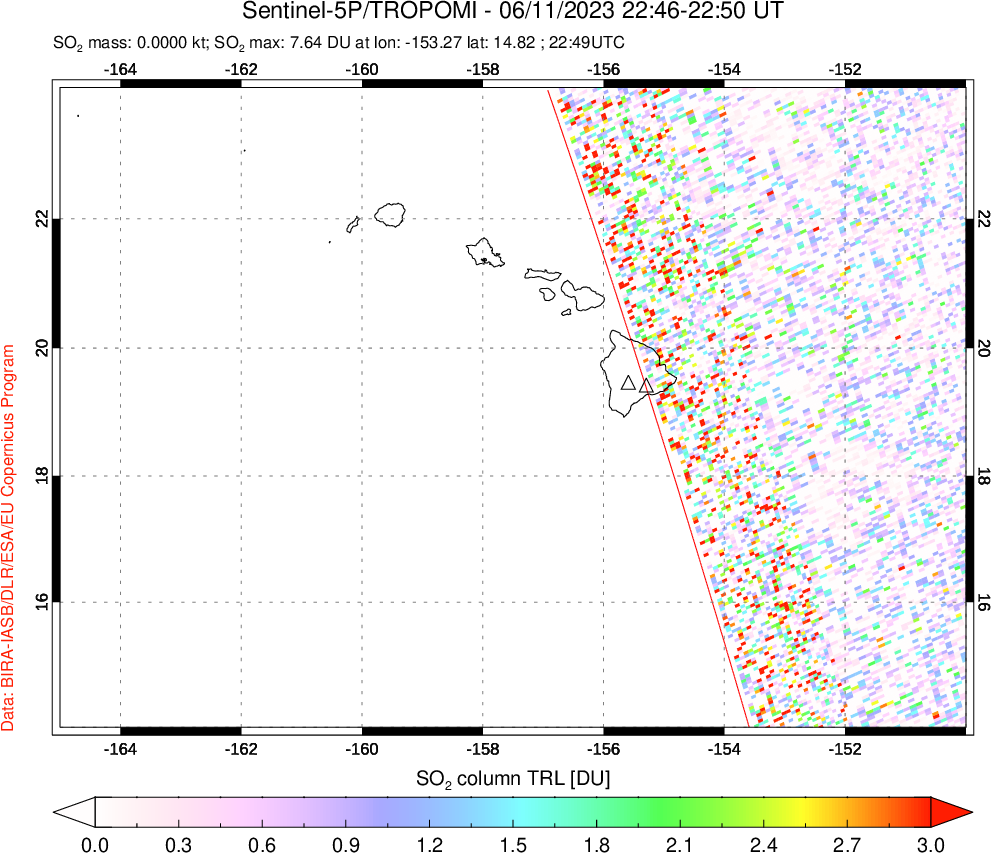 A sulfur dioxide image over Hawaii, USA on Jun 11, 2023.