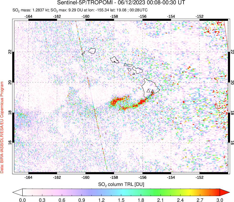 A sulfur dioxide image over Hawaii, USA on Jun 12, 2023.