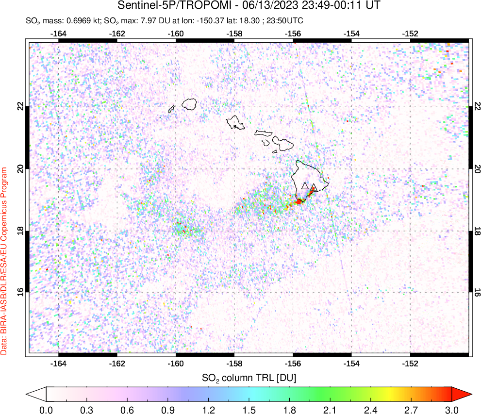 A sulfur dioxide image over Hawaii, USA on Jun 13, 2023.