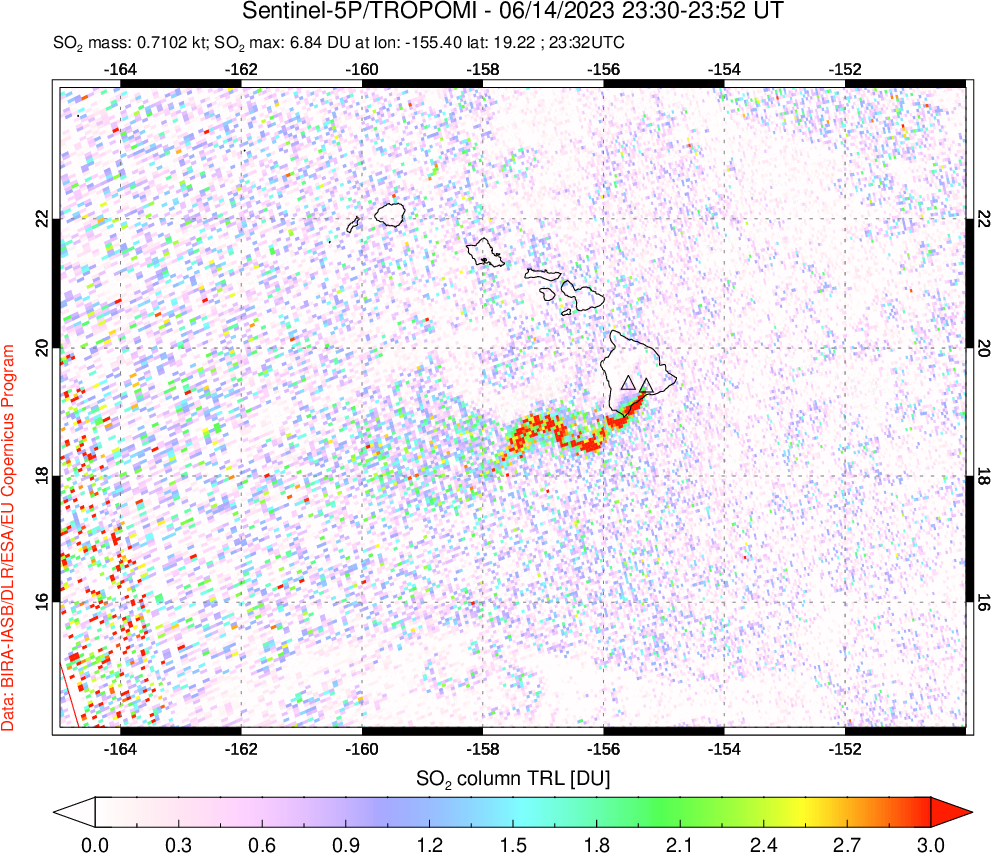 A sulfur dioxide image over Hawaii, USA on Jun 14, 2023.