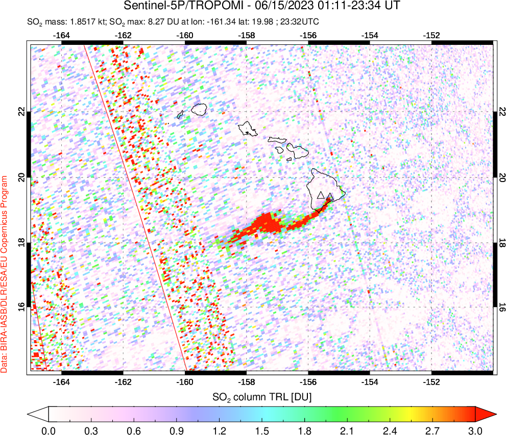 A sulfur dioxide image over Hawaii, USA on Jun 15, 2023.