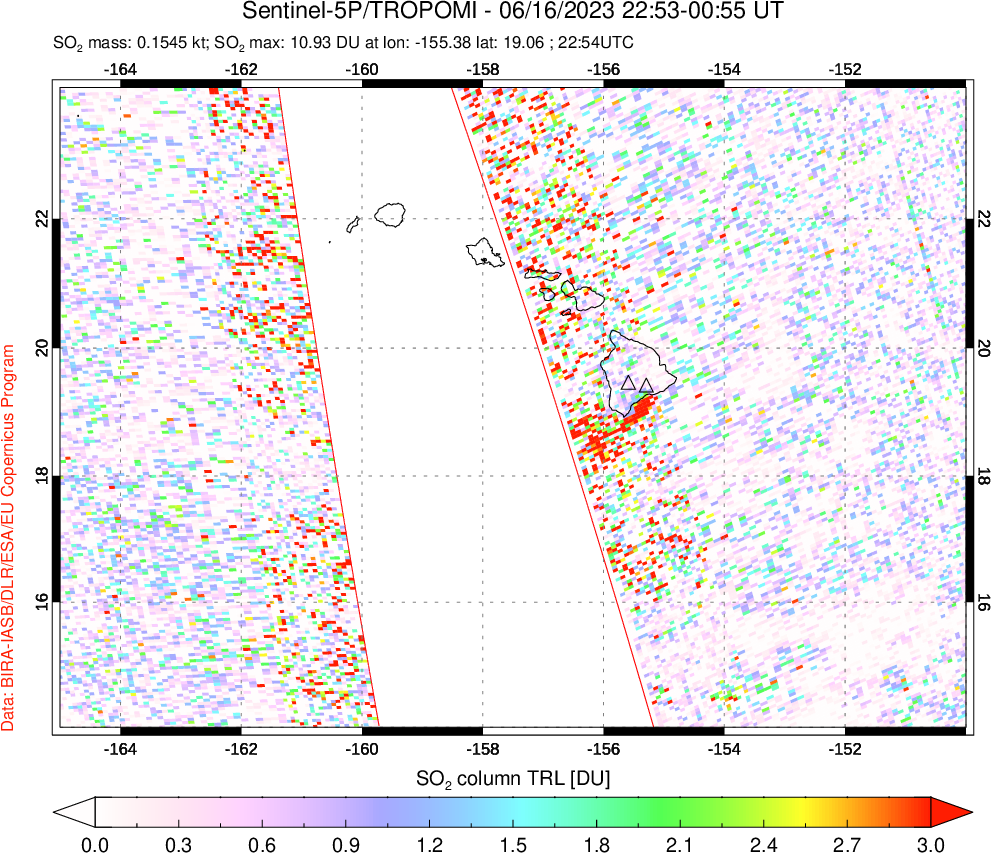 A sulfur dioxide image over Hawaii, USA on Jun 16, 2023.