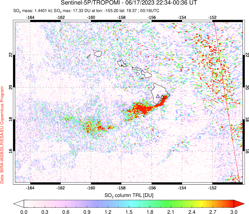 A sulfur dioxide image over Hawaii, USA on Jun 17, 2023.