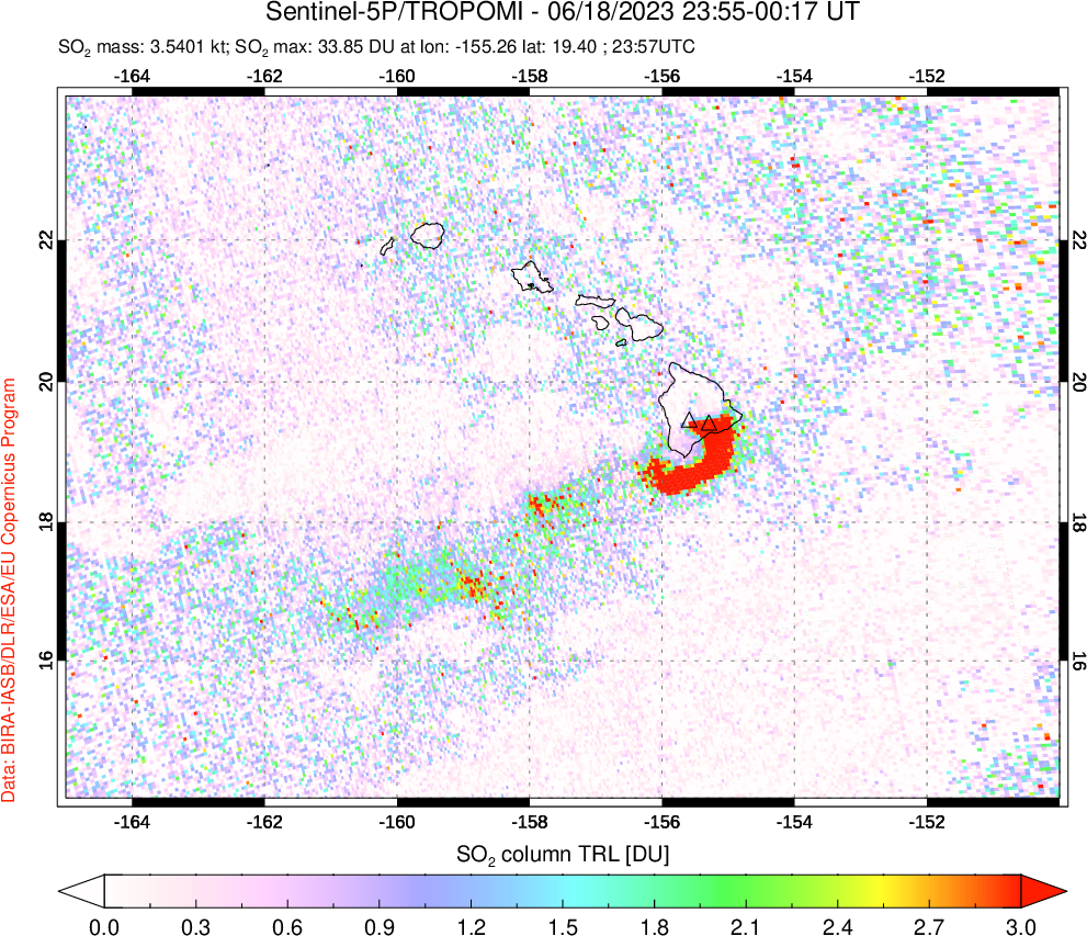 A sulfur dioxide image over Hawaii, USA on Jun 18, 2023.