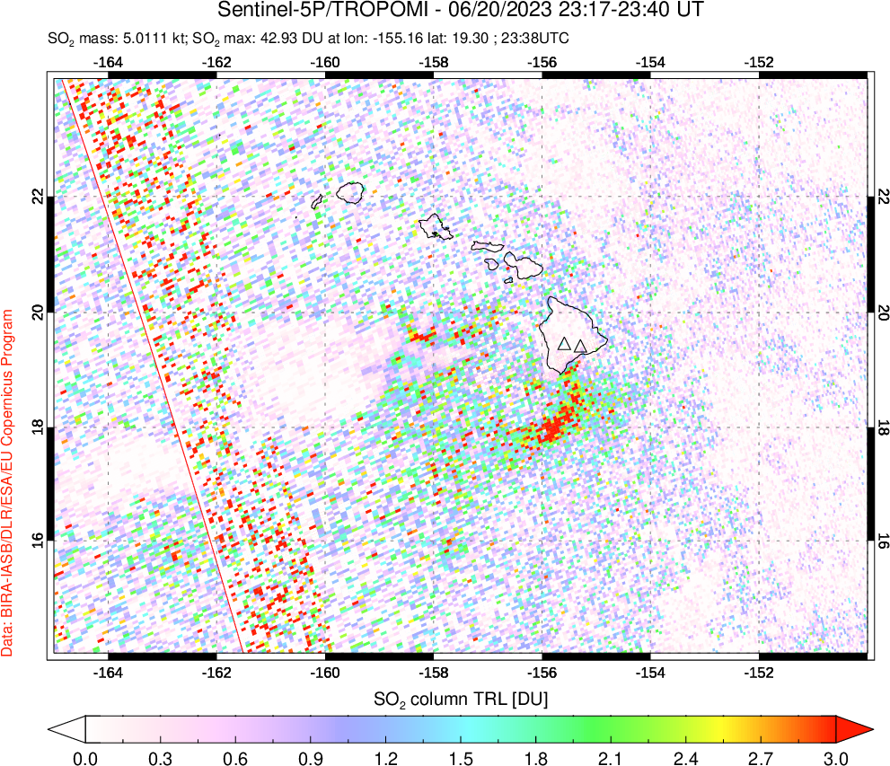 A sulfur dioxide image over Hawaii, USA on Jun 20, 2023.