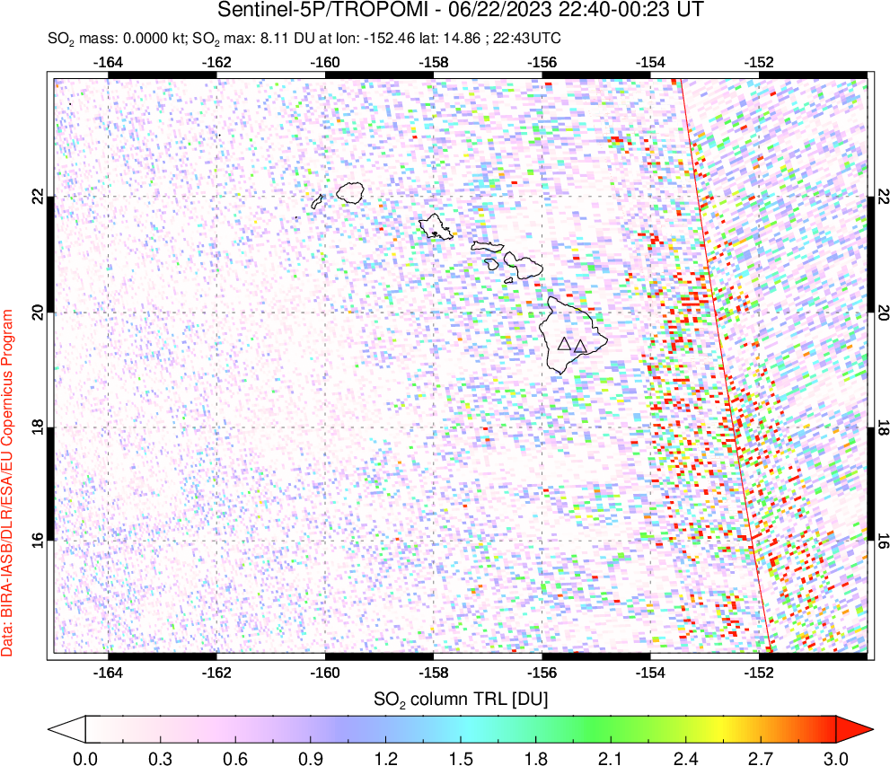 A sulfur dioxide image over Hawaii, USA on Jun 22, 2023.