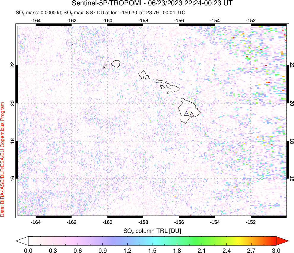 A sulfur dioxide image over Hawaii, USA on Jun 23, 2023.