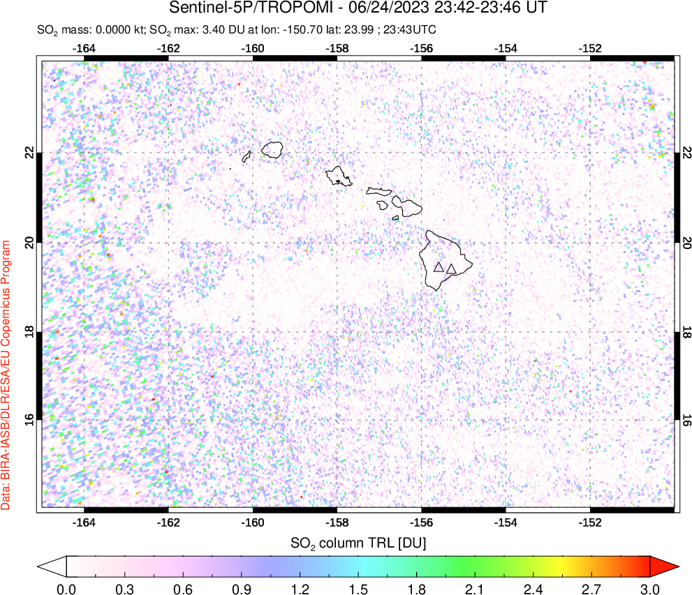 A sulfur dioxide image over Hawaii, USA on Jun 24, 2023.