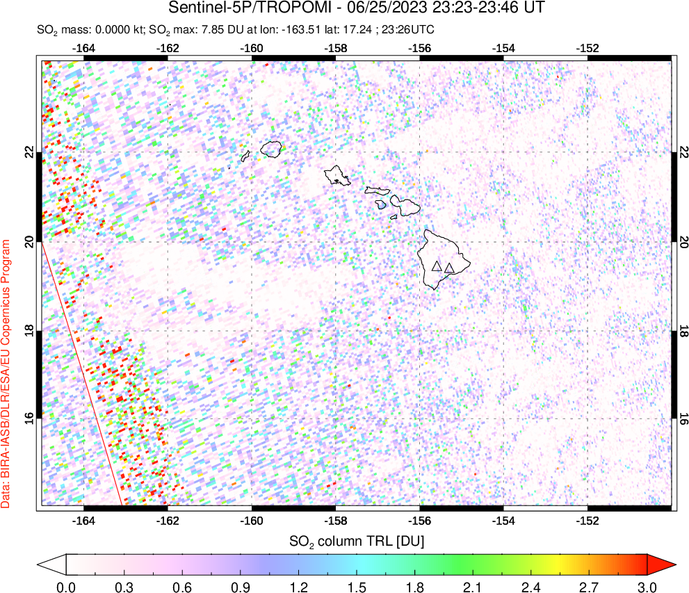 A sulfur dioxide image over Hawaii, USA on Jun 25, 2023.
