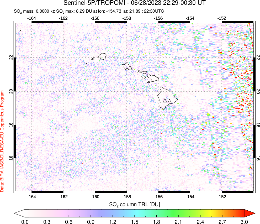 A sulfur dioxide image over Hawaii, USA on Jun 28, 2023.