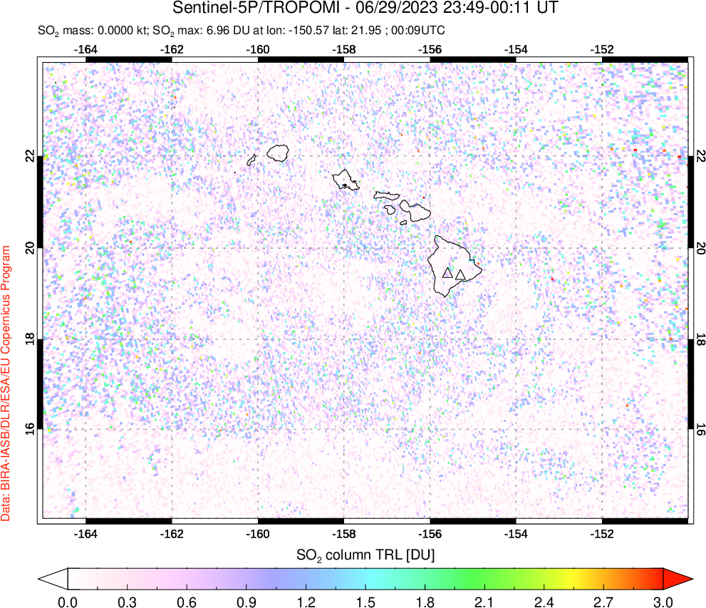 A sulfur dioxide image over Hawaii, USA on Jun 29, 2023.