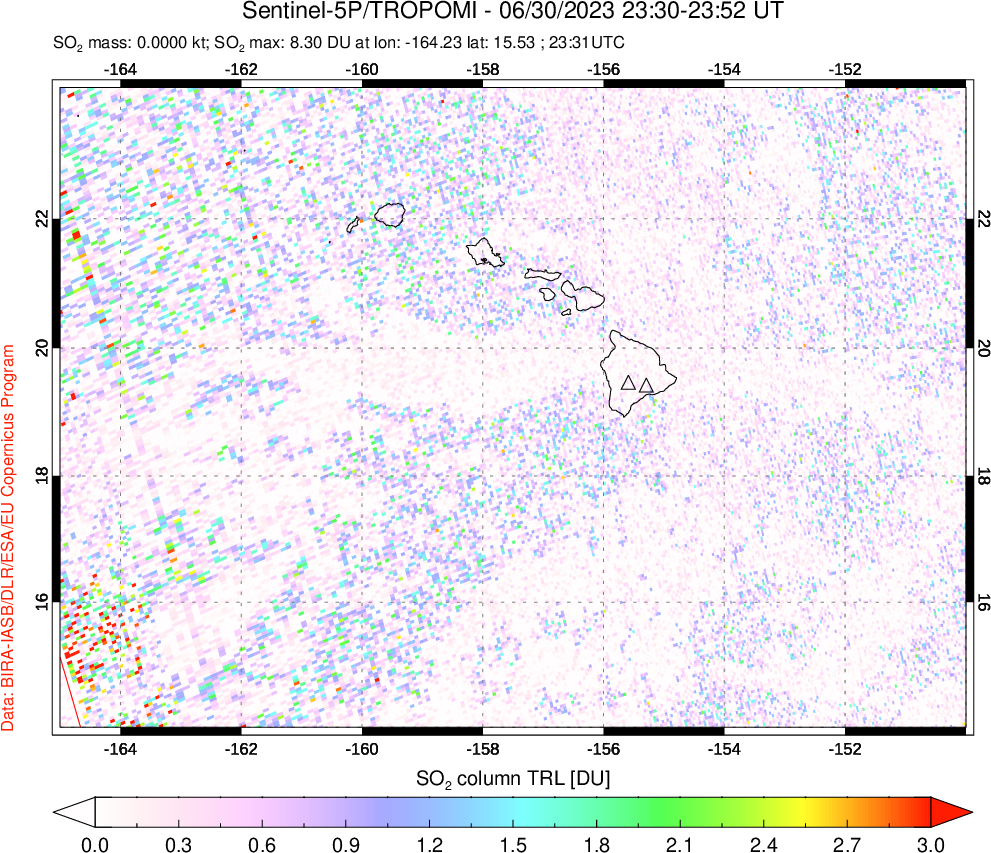 A sulfur dioxide image over Hawaii, USA on Jun 30, 2023.