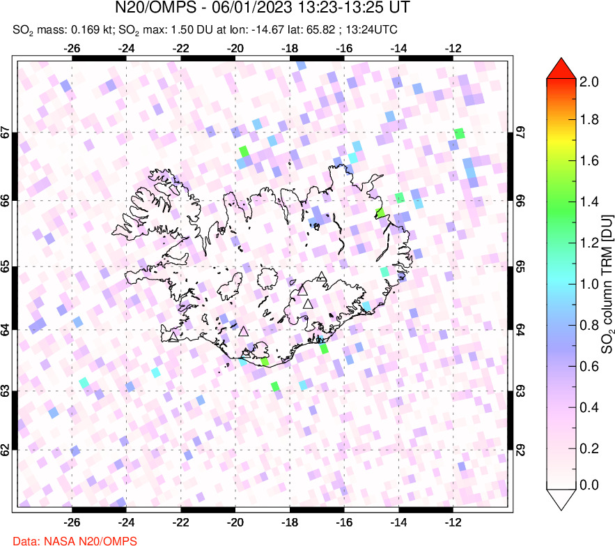 A sulfur dioxide image over Iceland on Jun 01, 2023.