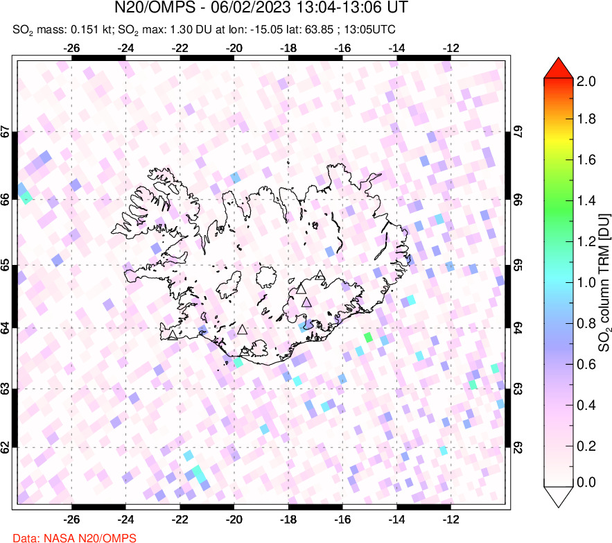 A sulfur dioxide image over Iceland on Jun 02, 2023.